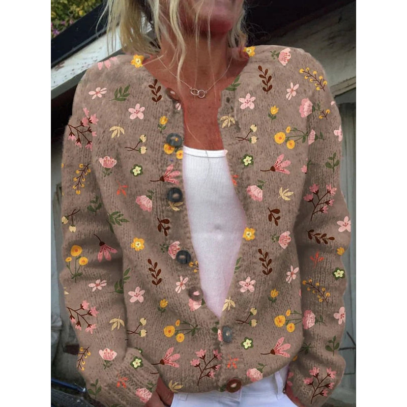 Cardigan da donna cachi con motivo floreale e bottoni