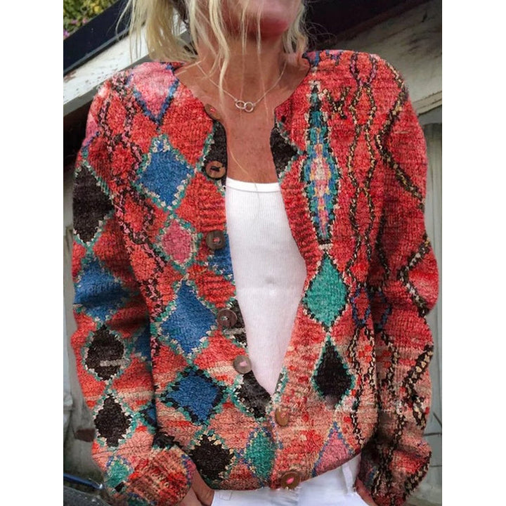 Cardigan da donna rosso con motivo a rombi colorati