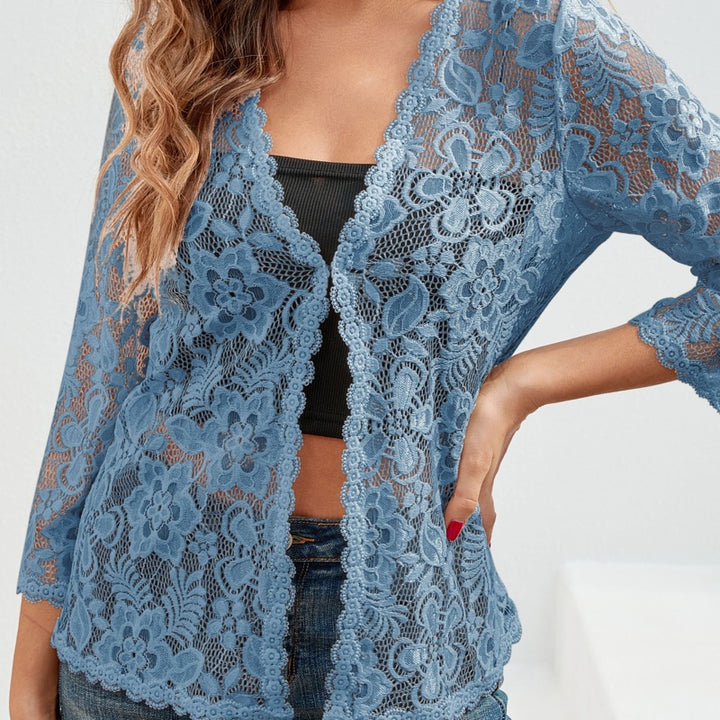 Cardigan donna blu jeans in pizzo floreale