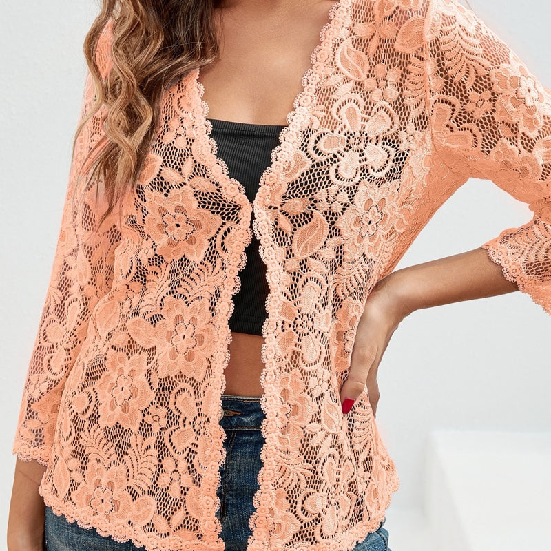 Cardigan donna pesca in pizzo con maniche a 3/4