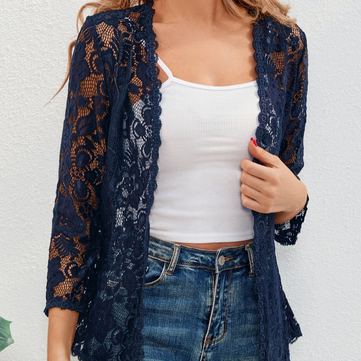 Cardigan donna blu navy in pizzo con maniche a 3/4