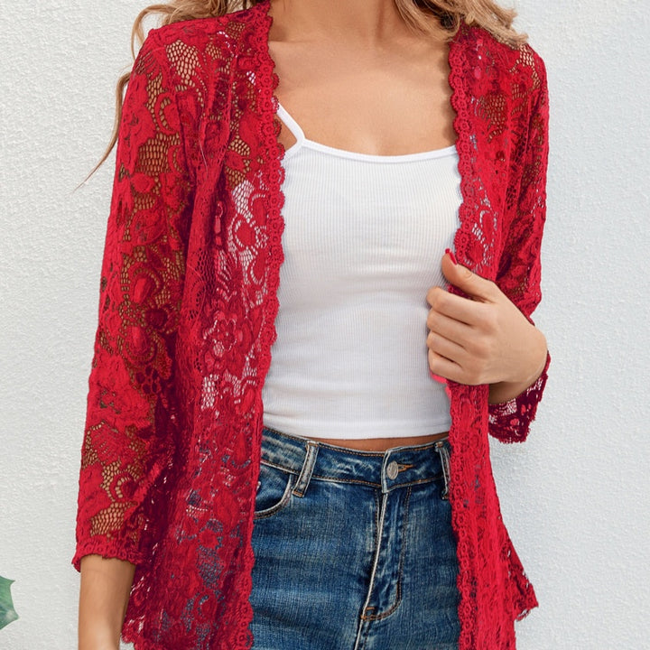Cardigan donna rosso in pizzo traforato