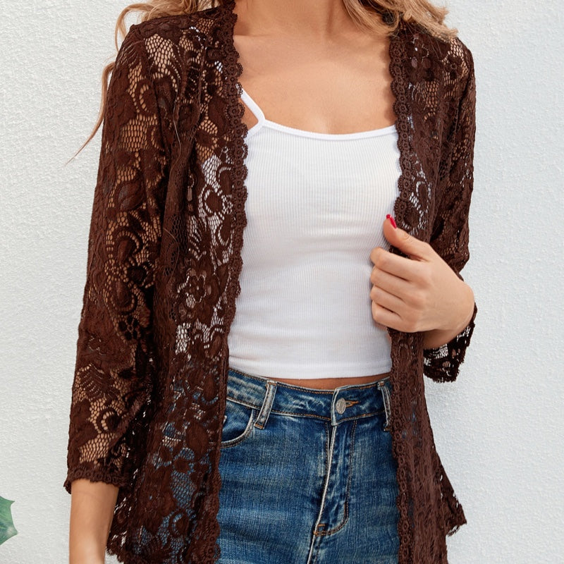 Cardigan donna marrone in pizzo floreale