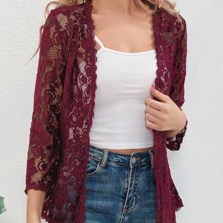 Cardigan donna bordeaux in pizzo con maniche a 3/4