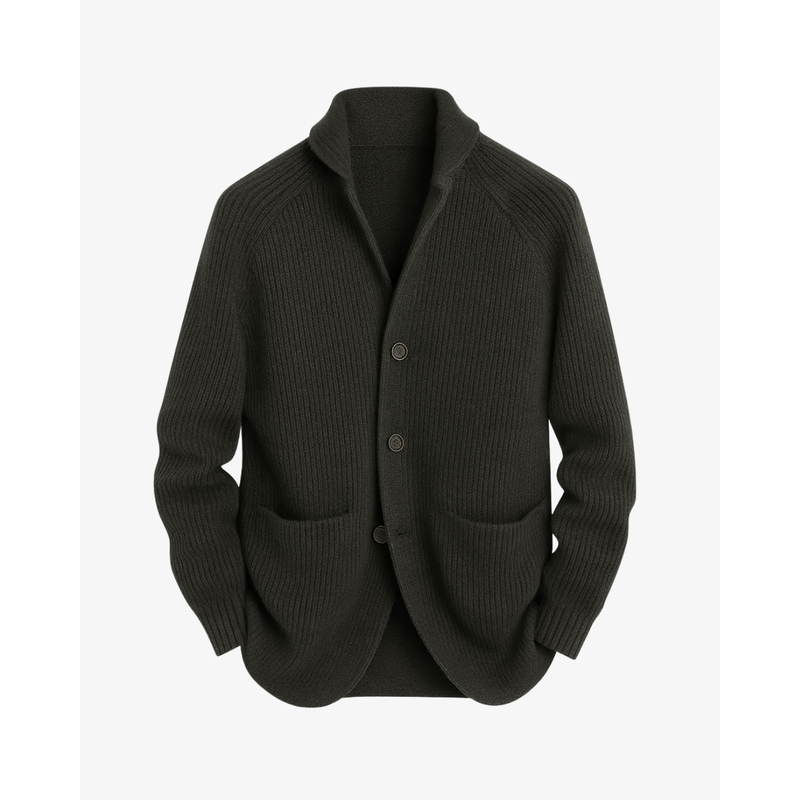 Cardigan sartoriale da uomo con bottoni e tasche grigio scuro – vista frontale