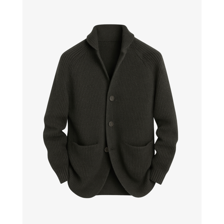 Cardigan sartoriale da uomo con bottoni e tasche grigio scuro – vista frontale
