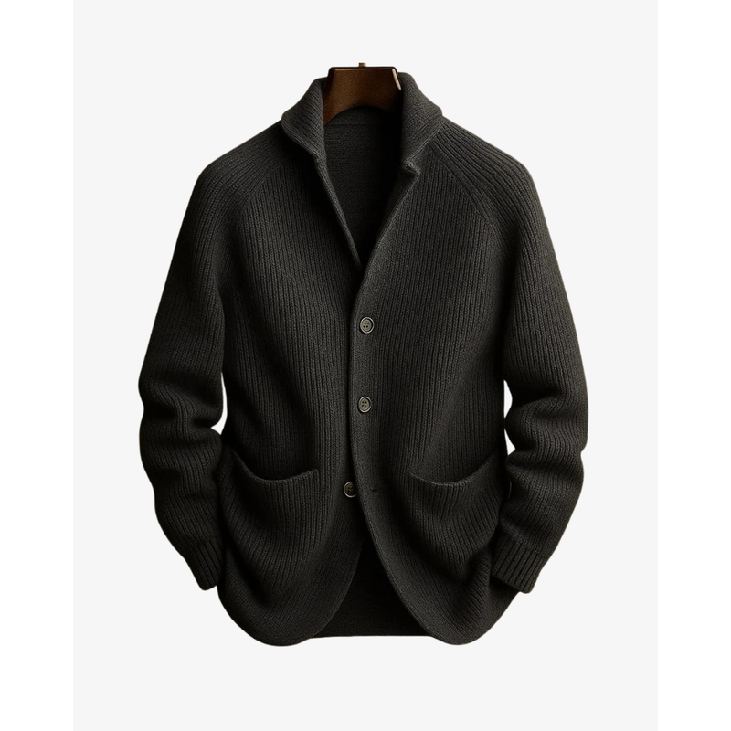 Cardigan sartoriale da uomo con bottoni e tasche grigio – vista frontale