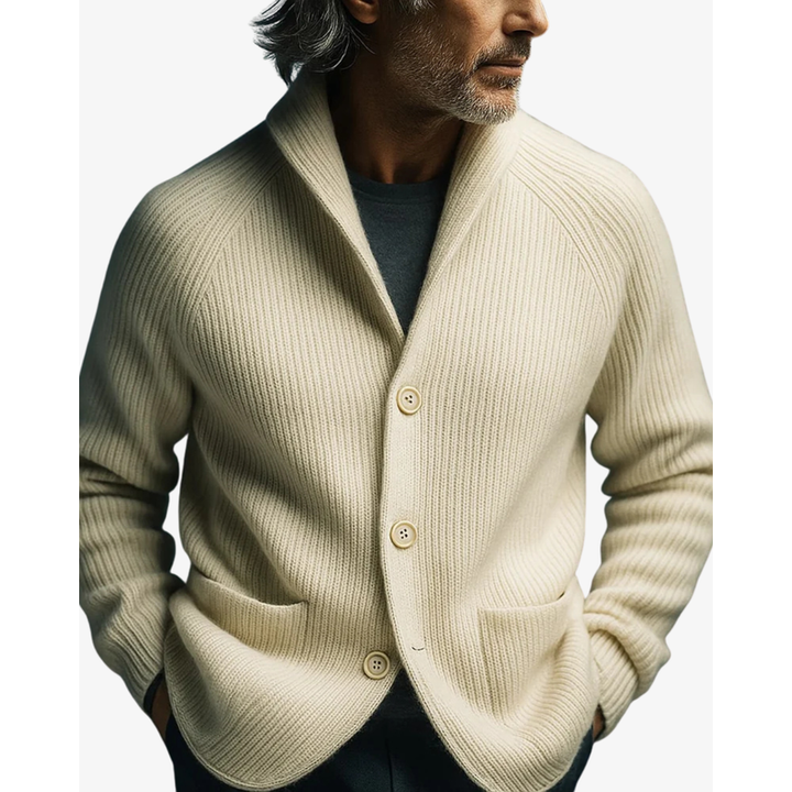 Cardigan sartoriale da uomo con bottoni e tasche bianco – indossato