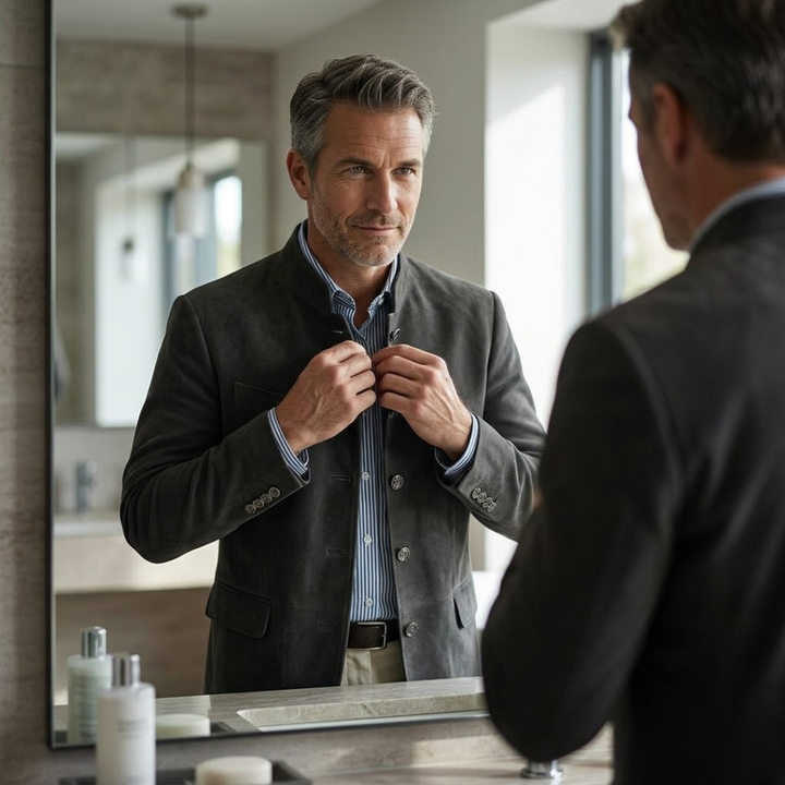 Cardigan strutturato da uomo con collo alla coreana grigio – indossato allo specchio