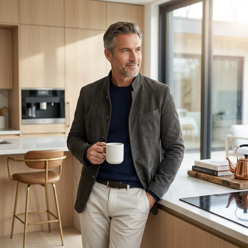 Cardigan strutturato da uomo con collo alla coreana grigio – indossato in cucina