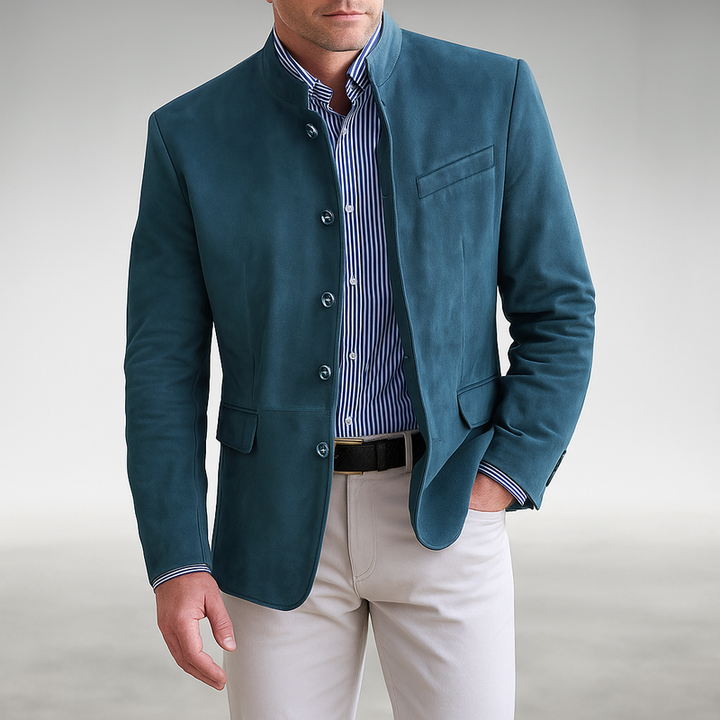 Cardigan strutturato da uomo con collo alla coreana blu – vista frontale