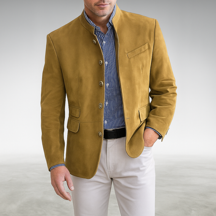 Cardigan strutturato da uomo con collo alla coreana giallo – vista frontale