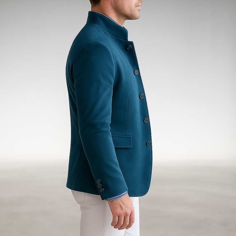 Cardigan strutturato da uomo con collo alla coreana blu – vista laterale