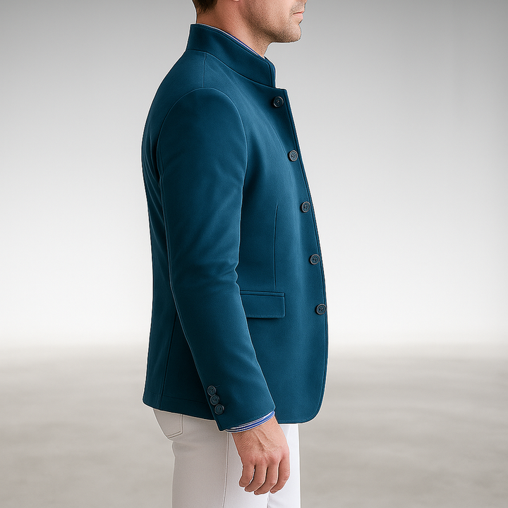 Cardigan strutturato da uomo con collo alla coreana blu – vista laterale