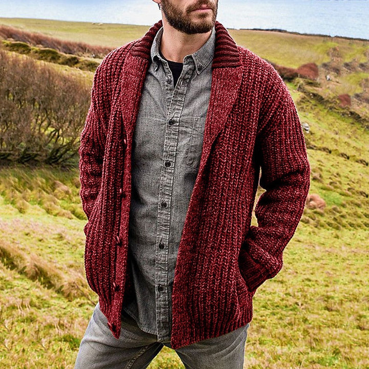Cardigan da uomo con collo a scialle in maglia grossa rosso