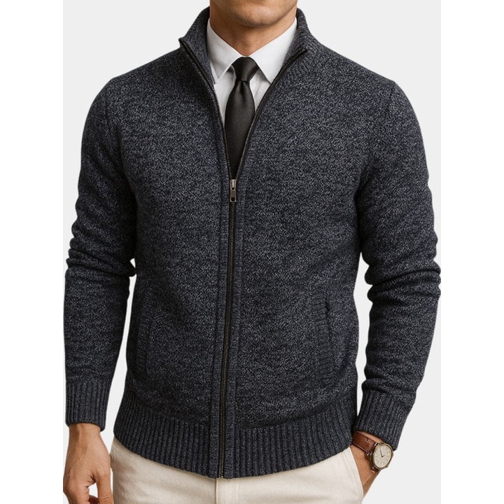 Cardigan uomo grigio con zip e collo alla coreana – vista frontale
