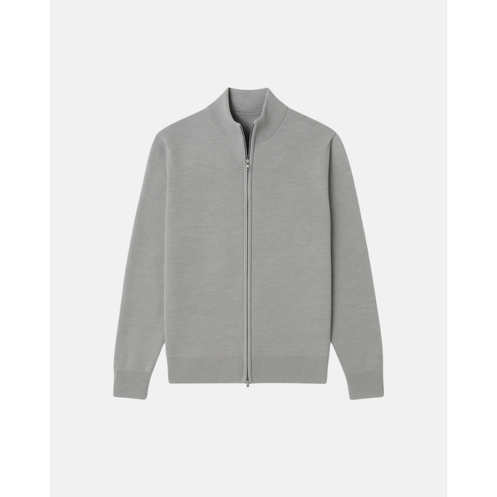 Cardigan da uomo con zip in maglia fine grigio – vista frontale in piano