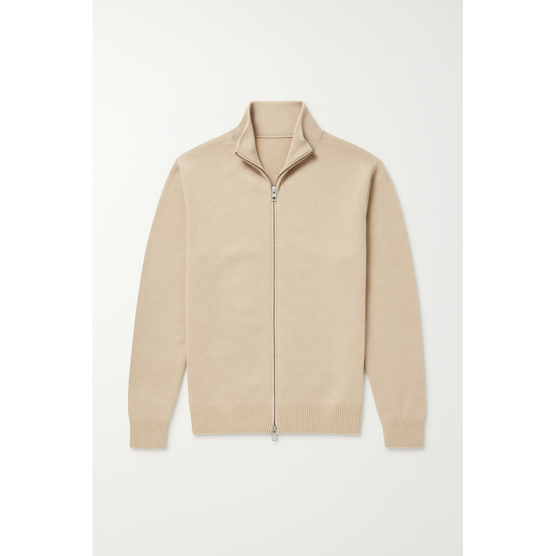 Cardigan da uomo con zip in maglia fine beige – vista frontale in piano