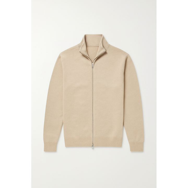 Cardigan da uomo con zip in maglia fine beige – vista frontale in piano