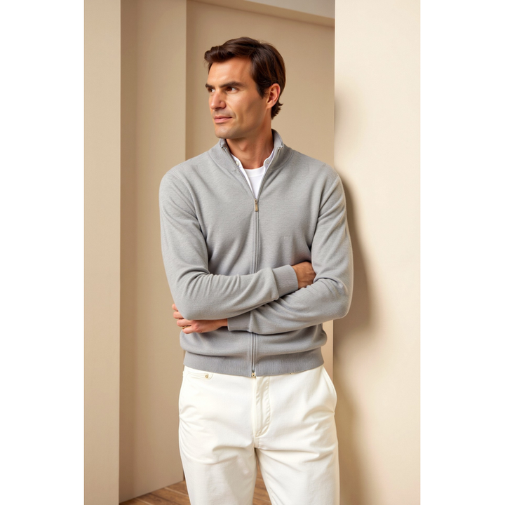 Cardigan da uomo con zip in maglia fine grigio – indossato
