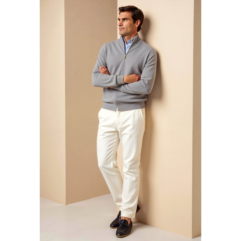 Cardigan da uomo con zip in maglia fine grigio – indossato a figura intera