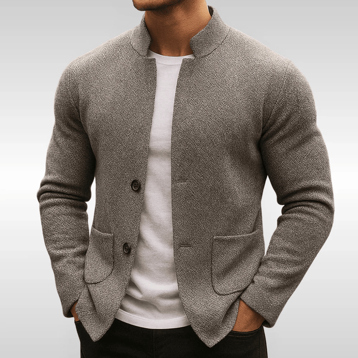 Cardigan da uomo in maglia strutturata con collo alla coreana grigio – vista frontale