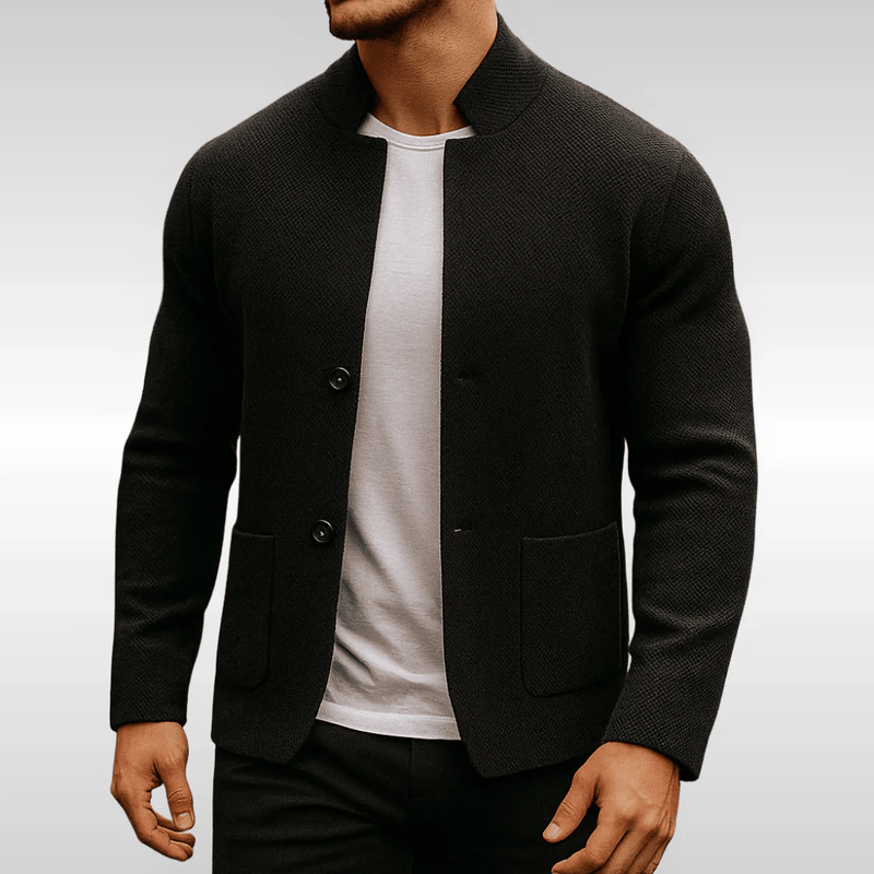 Cardigan da uomo in maglia strutturata con collo alla coreana nero – vista frontale da vicino