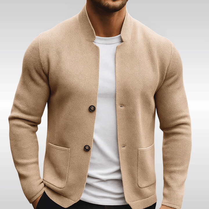Cardigan da uomo in maglia strutturata con collo alla coreana beige – vista frontale