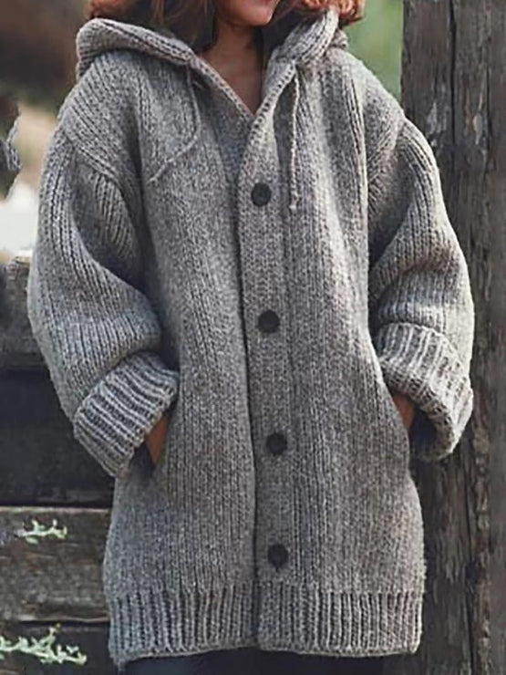 Cardigan Donna Oversize con Cappuccio e Bottoni Frontali