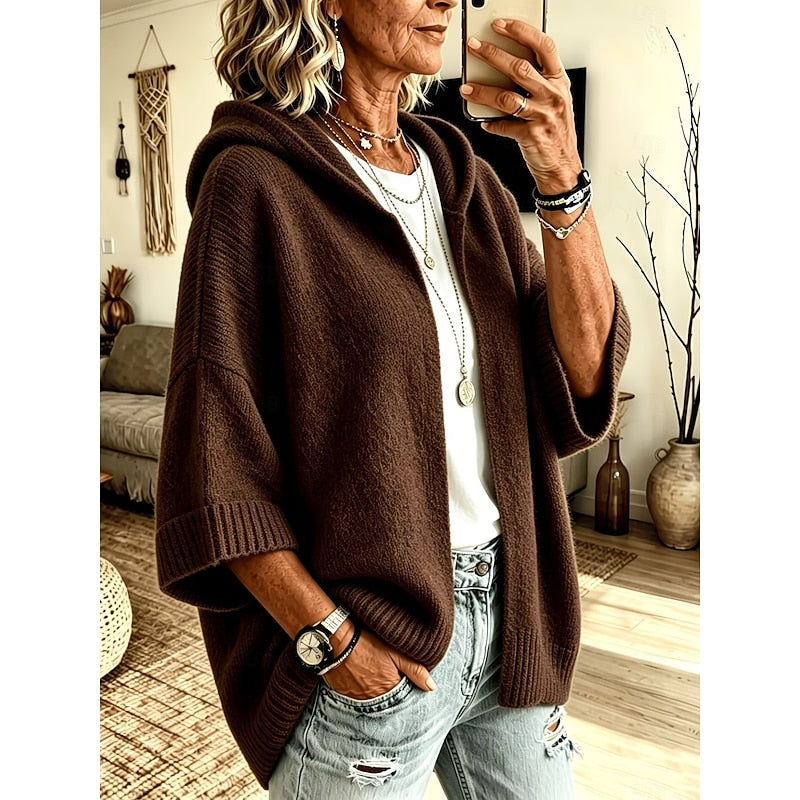Marrone caffè cardigan donna con cappuccio e maniche ampie