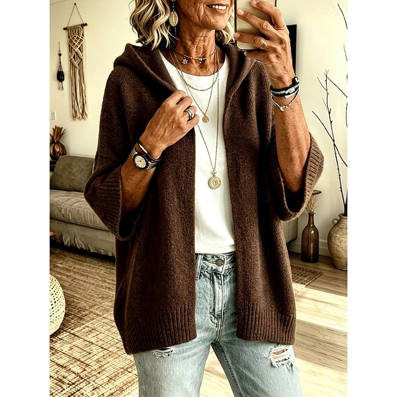 Marrone caffè cardigan donna con cappuccio e maniche ampie – vista 2