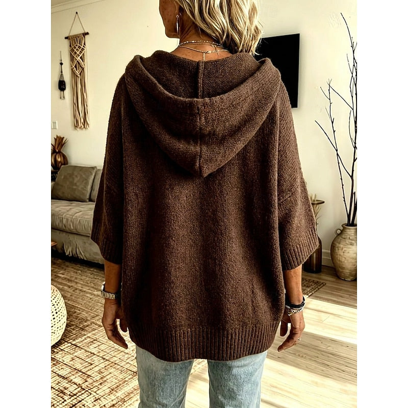 Marrone caffè cardigan donna con cappuccio e maniche ampie – vista 3