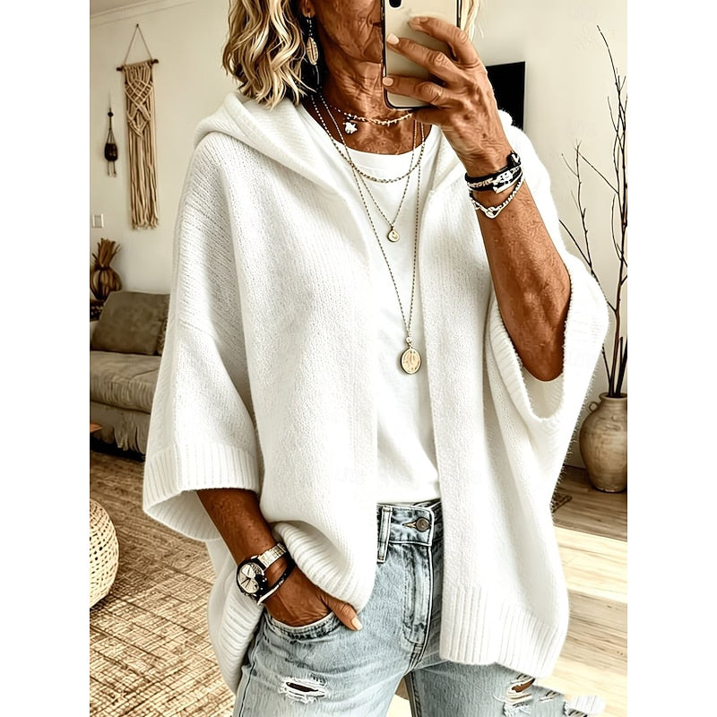 Bianco cardigan donna con cappuccio e maniche ampie