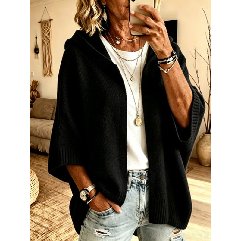 Nero cardigan donna con cappuccio e maniche ampie