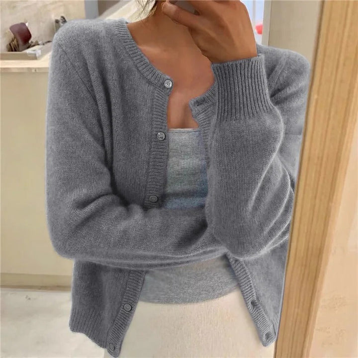 Grigio cardigan donna con scollo rotondo e bottoni