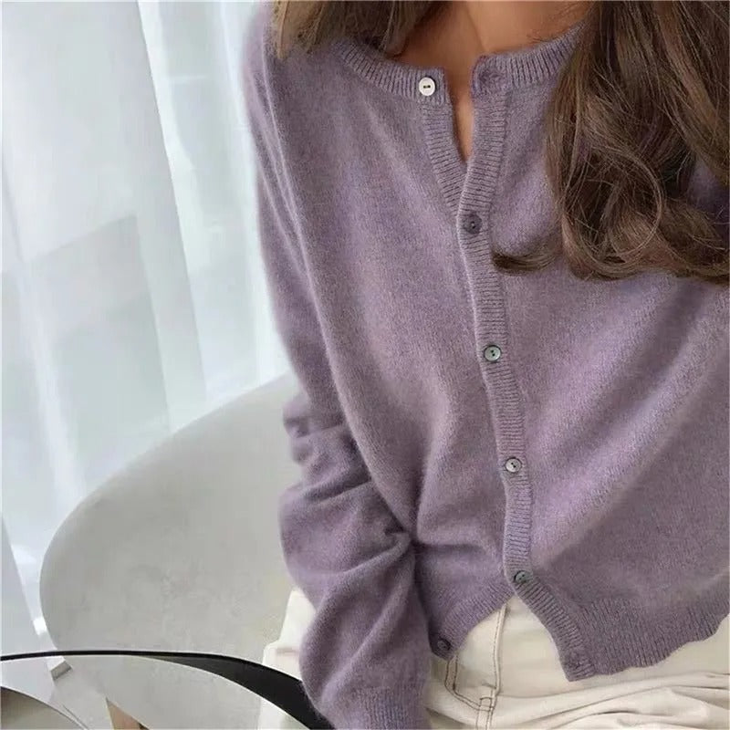 Viola cardigan donna con scollo rotondo e bottoni