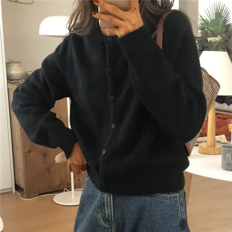 Nero cardigan donna con scollo rotondo e bottoni