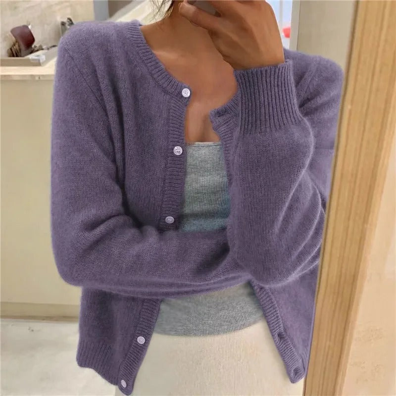 Viola cardigan donna con scollo rotondo e bottoni – vista 2