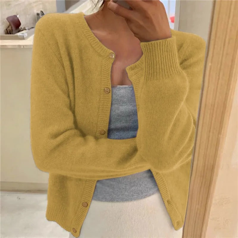 Giallo cardigan donna con scollo rotondo e bottoni – vista 2