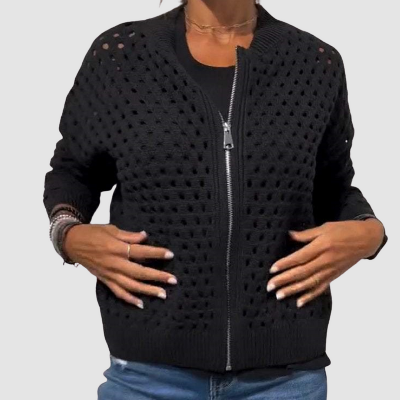 Nero cardigan donna con zip e maglia traforata
