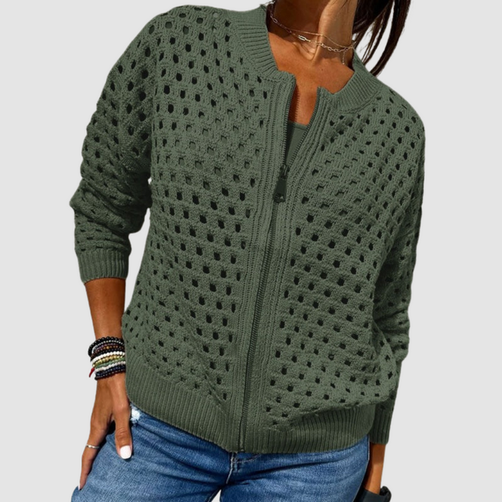 Verde cardigan donna con zip e maglia traforata