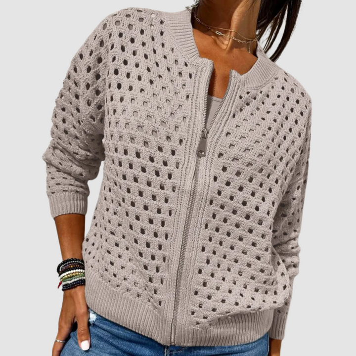 Grigio beige cardigan donna con zip e maglia traforata