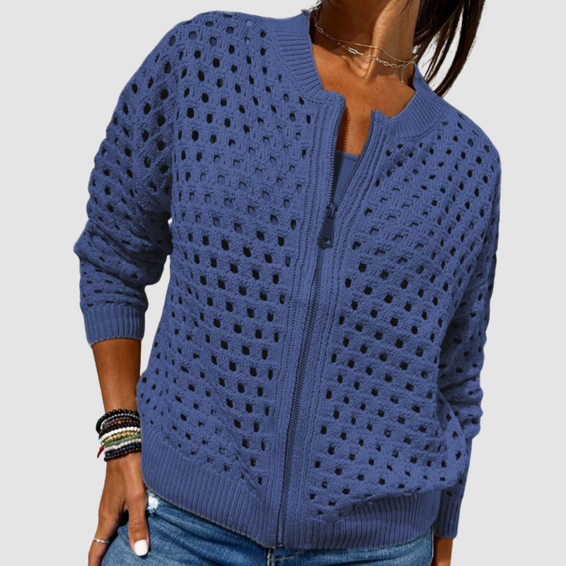 Blu cardigan donna con zip e maglia traforata