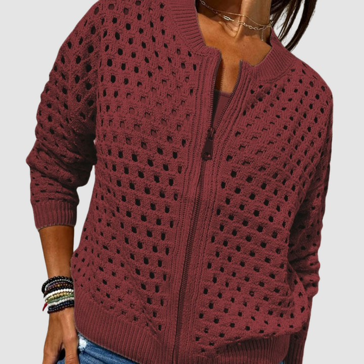 Bordeaux cardigan donna con zip e maglia traforata