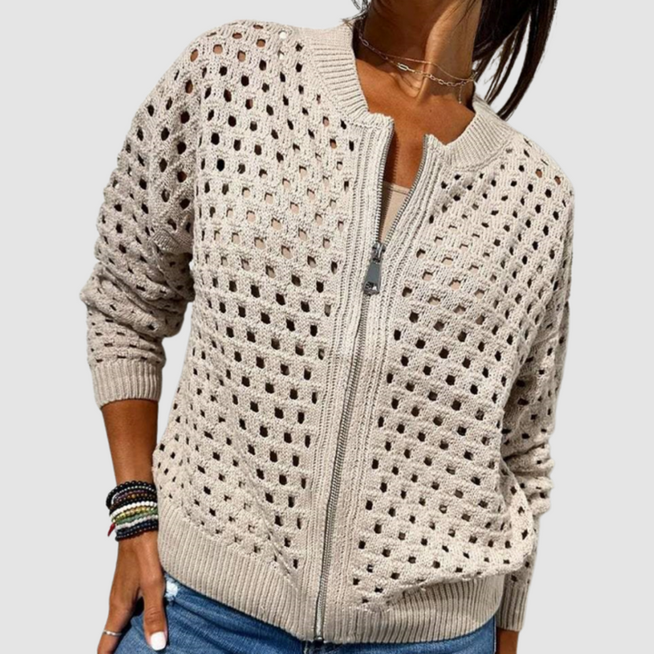 Beige cardigan donna con zip e maglia traforata
