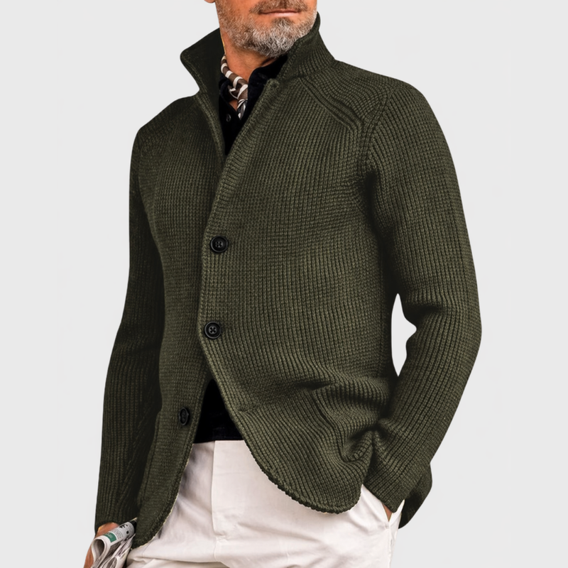 Verde oliva cardigan uomo con colletto alto e bottoni