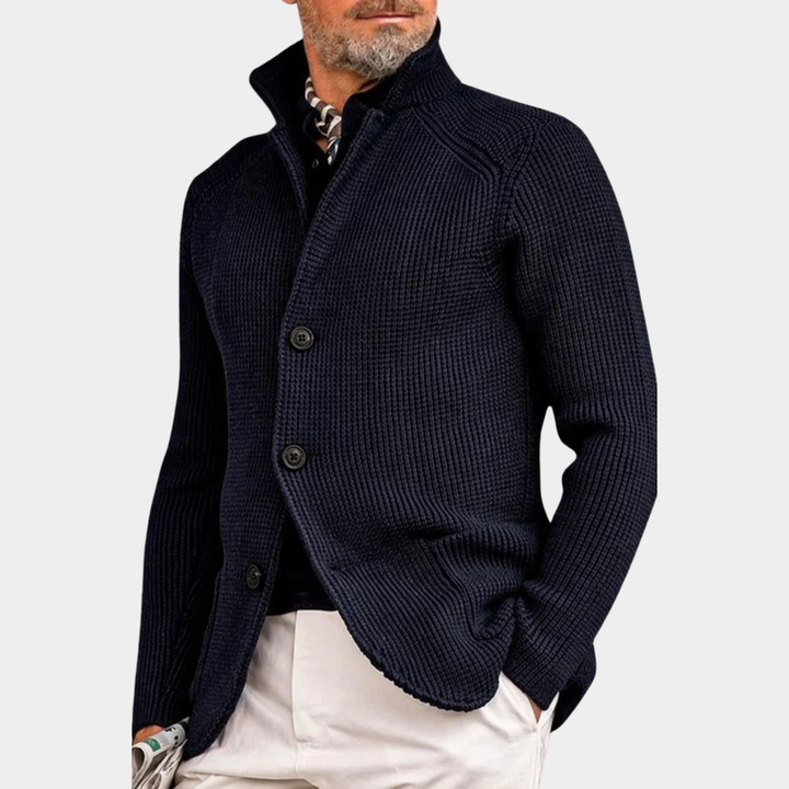 Blu navy cardigan uomo con colletto alto e bottoni