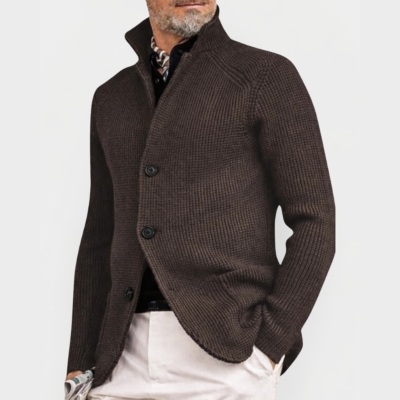 Marrone cardigan uomo con colletto alto e bottoni