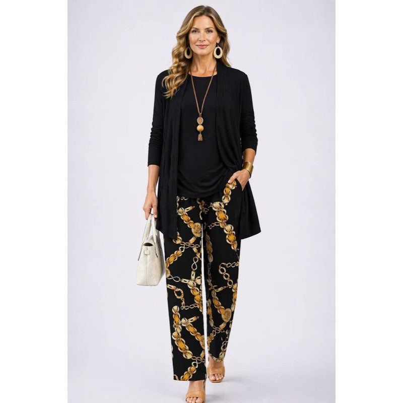 Completo da donna tre pezzi con cardigan stampato nero