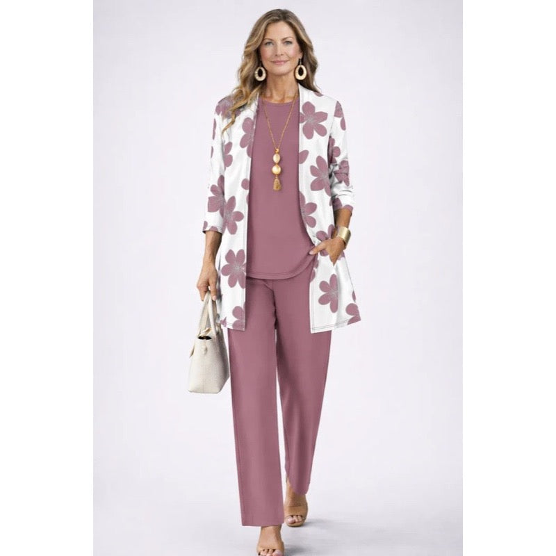 Completo da donna tre pezzi con cardigan stampato rosa chiaro